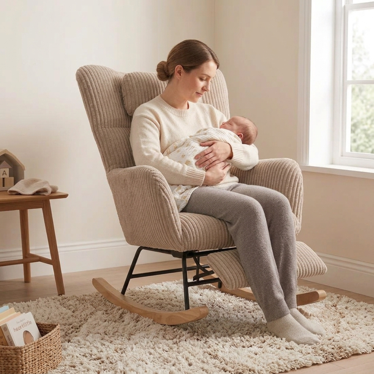 A woman in a cream sweater and gray sweatpants sits in a beige ribbed upholstered rocking chair, holding a baby wrapped in a white blanket. The chair is placed on a shag rug in a softly lit nursery with a small wooden side table and window in the background.