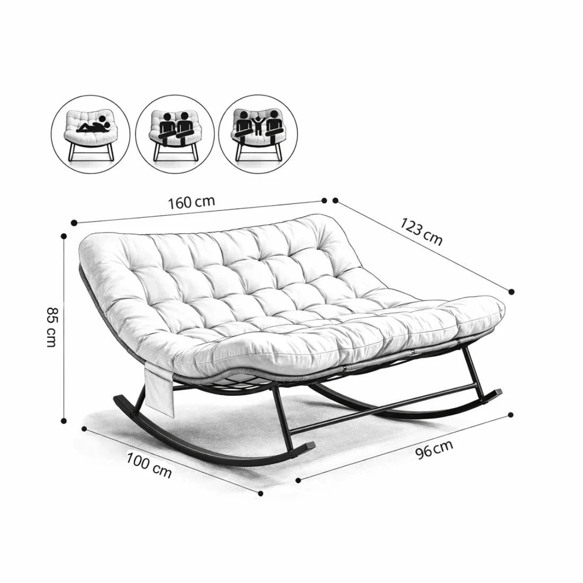 Dimensions of a white rocking chair with measurements in centimeters on a white background.