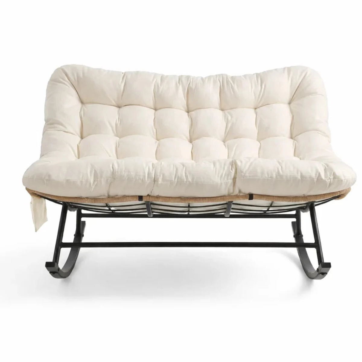 White cushioned sofa with black metal frame on a white background