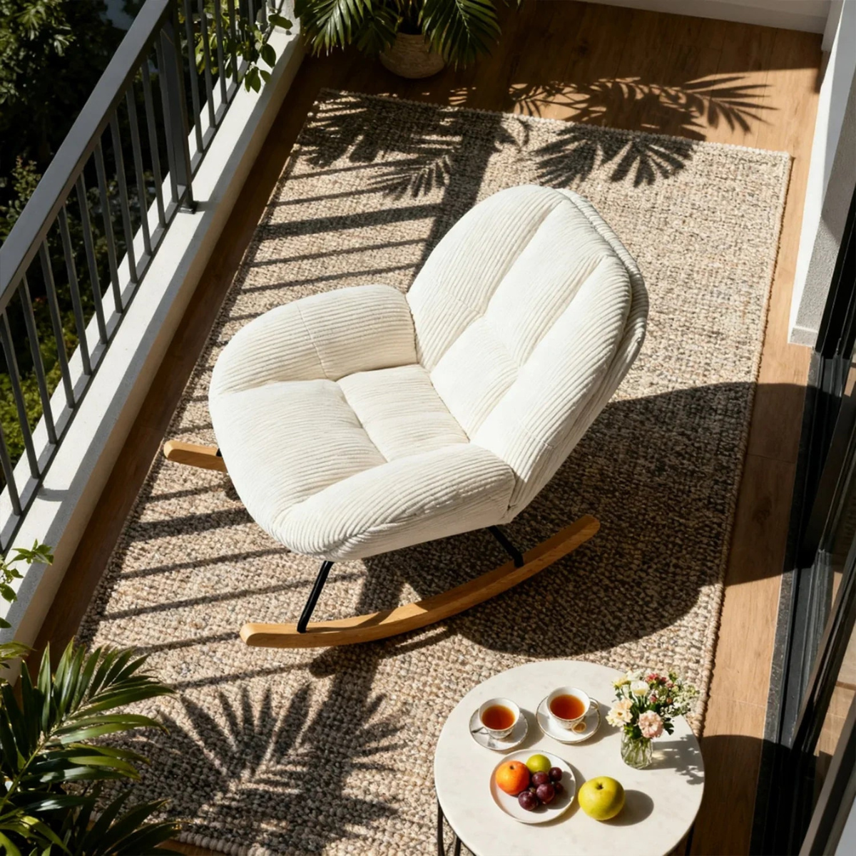 linden scandi ribbed velvet nursing chair in balcony