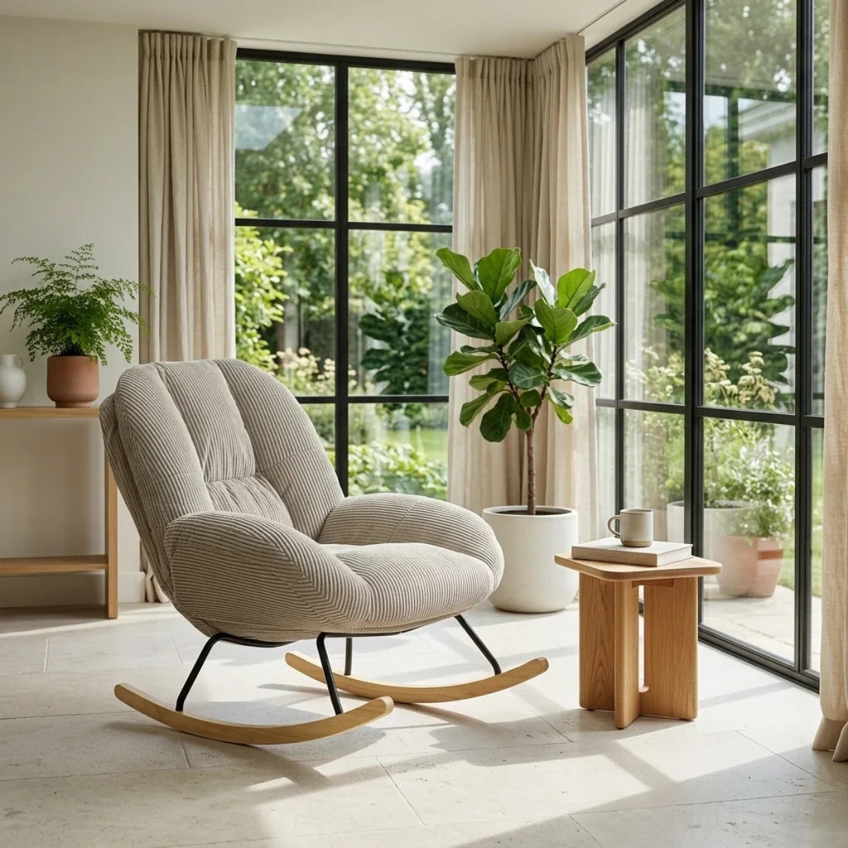 A modern upholstered rocking chair in a light beige ribbed fabric with black metal rocking legs, placed in a bright room with large windows, beige curtains, and potted plants.