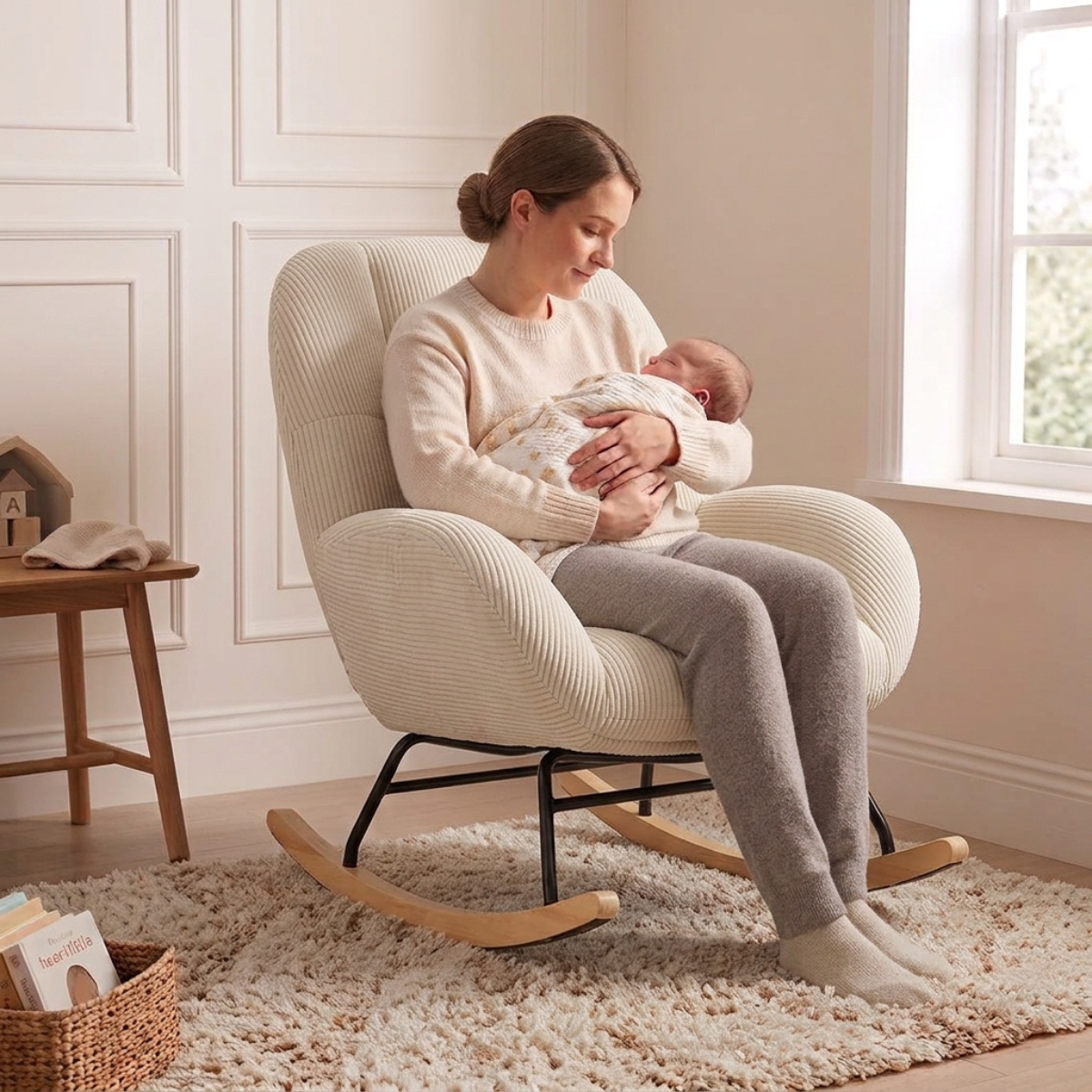 A woman in a cream sweater and gray leggings sits in a cream ribbed rocking chair, holding a baby. The chair has a black metal frame and wooden rockers, placed on a fluffy cream rug in a bright room with white paneled walls and a window.