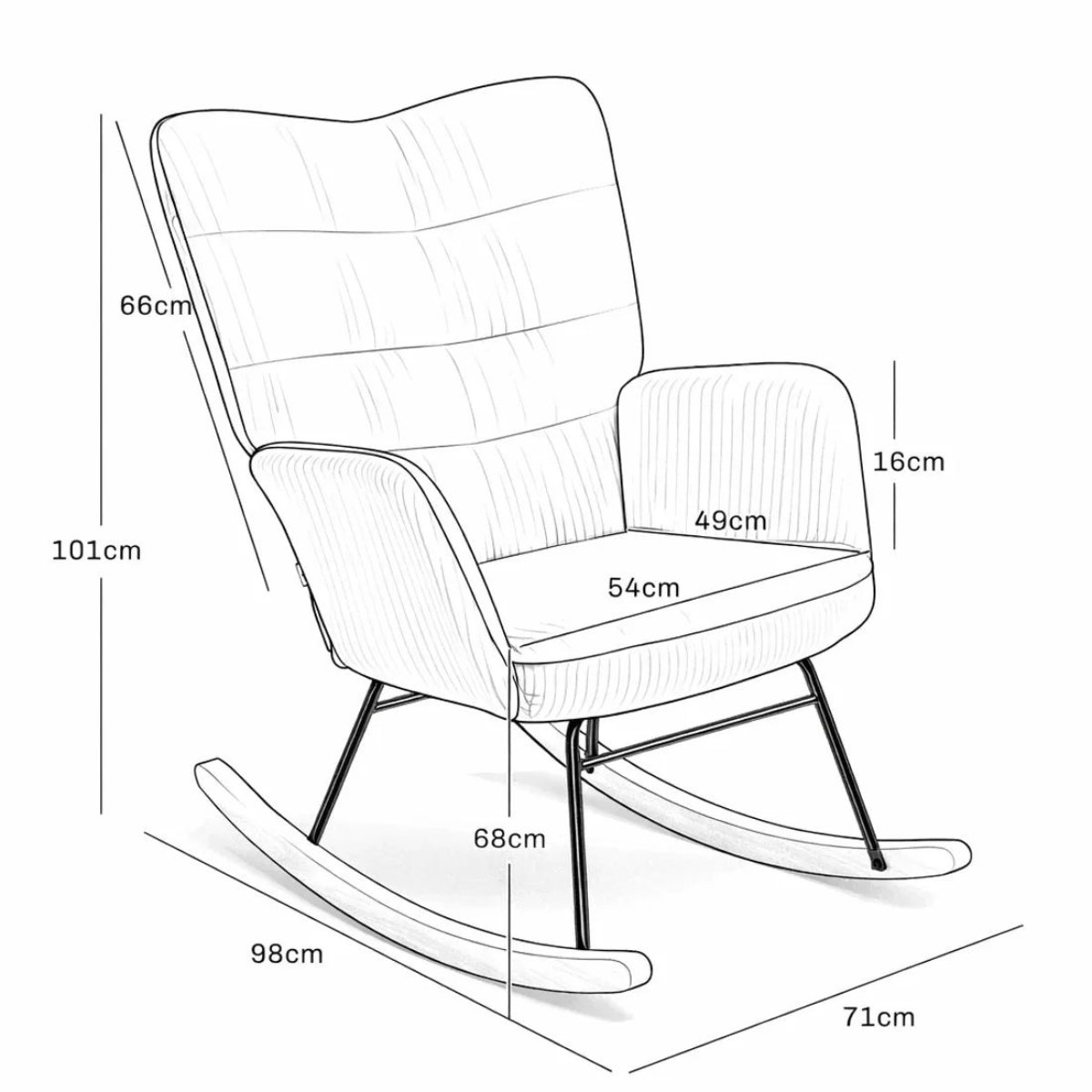 Line drawing of a rocking chair with dimensions labeled