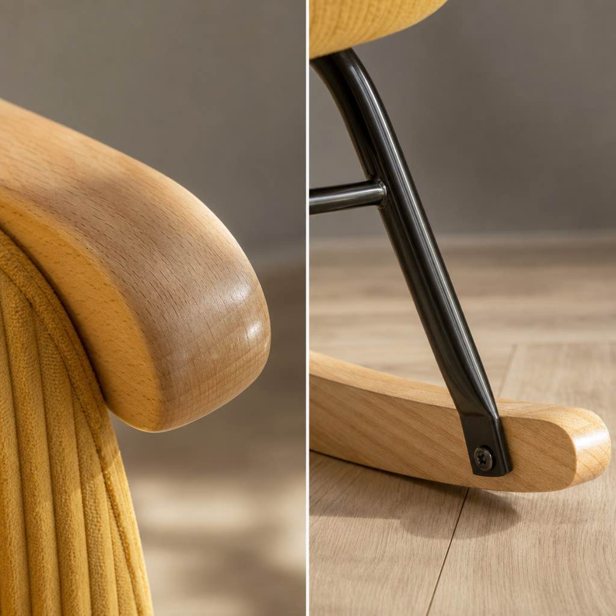 Close-up split view of a wooden chair showing the curved light oak armrest with a mustard yellow fabric cushion, and the lower leg joint with a black metal support rod and wooden rockers on a wood floor.