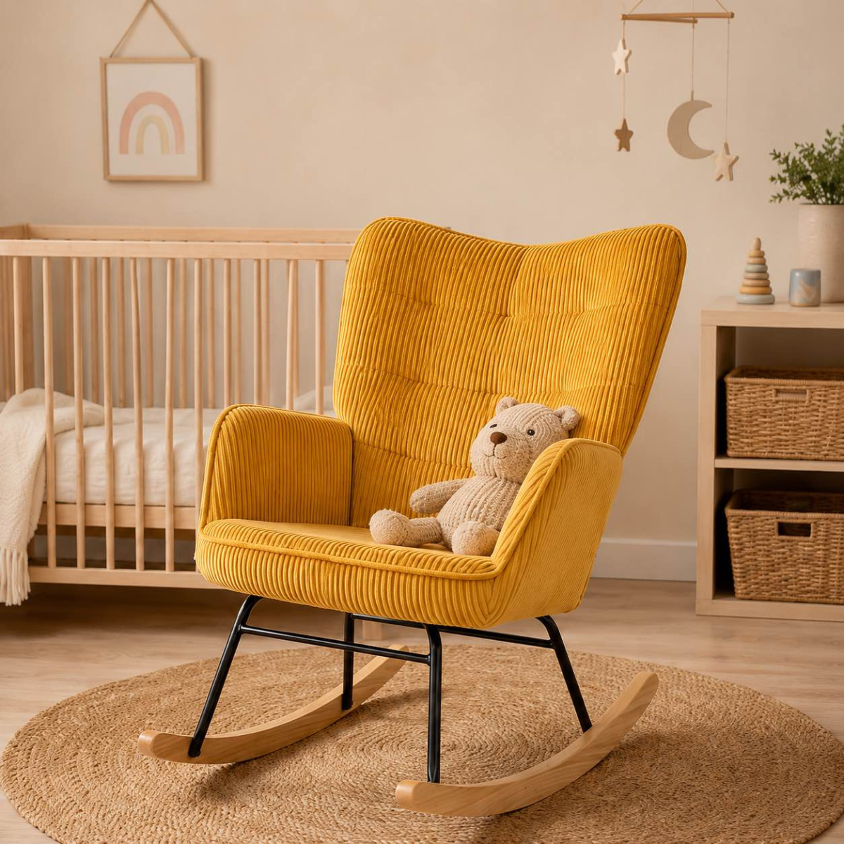 A mustard yellow corduroy rocking chair with a teddy bear sitting on it, placed in a softly styled nursery with a crib, shelf, and hanging moon and star decor.