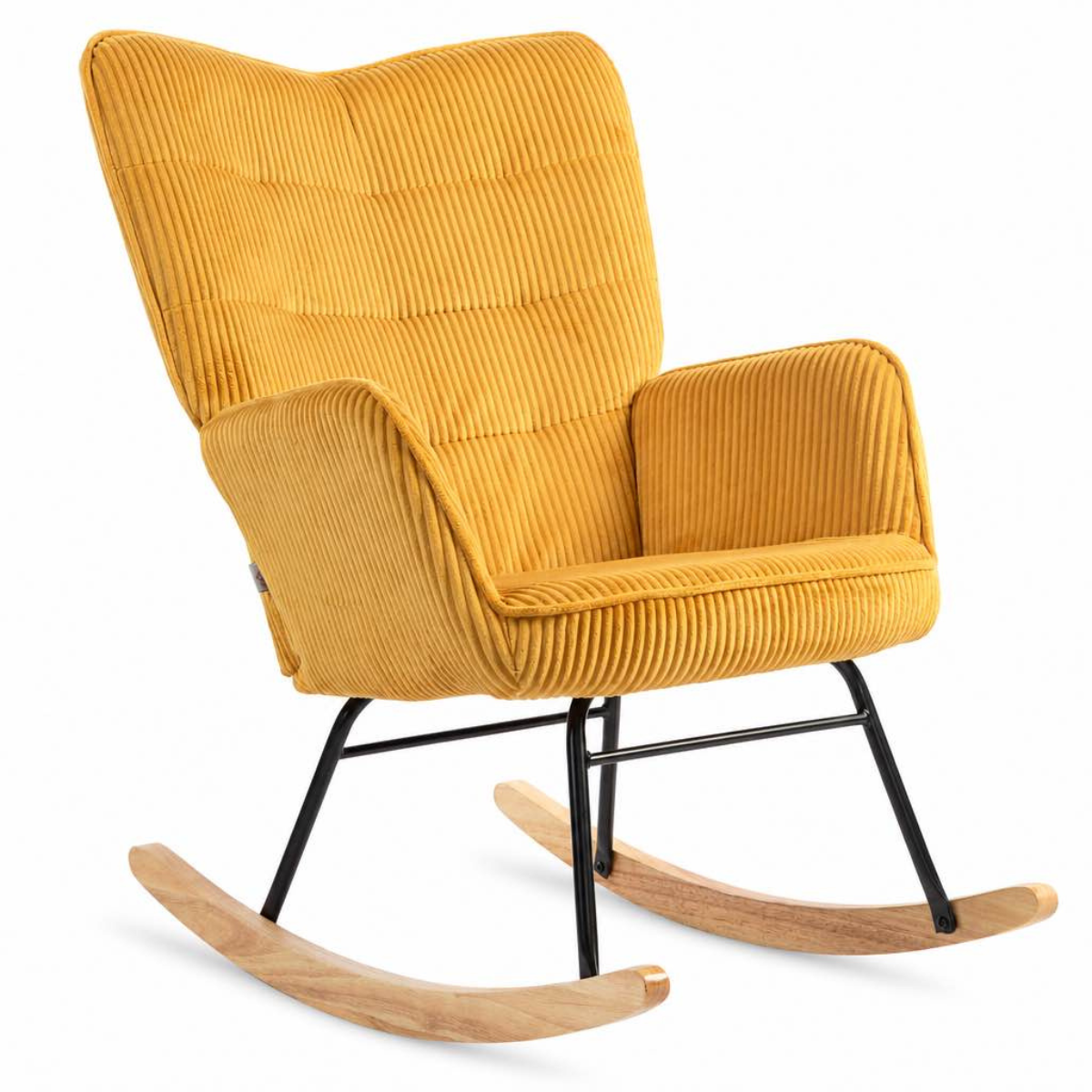 A modern rocking chair upholstered in mustard yellow corduroy fabric with a high back, black metal rocking legs, and natural wood rockers, shown on a plain white background.