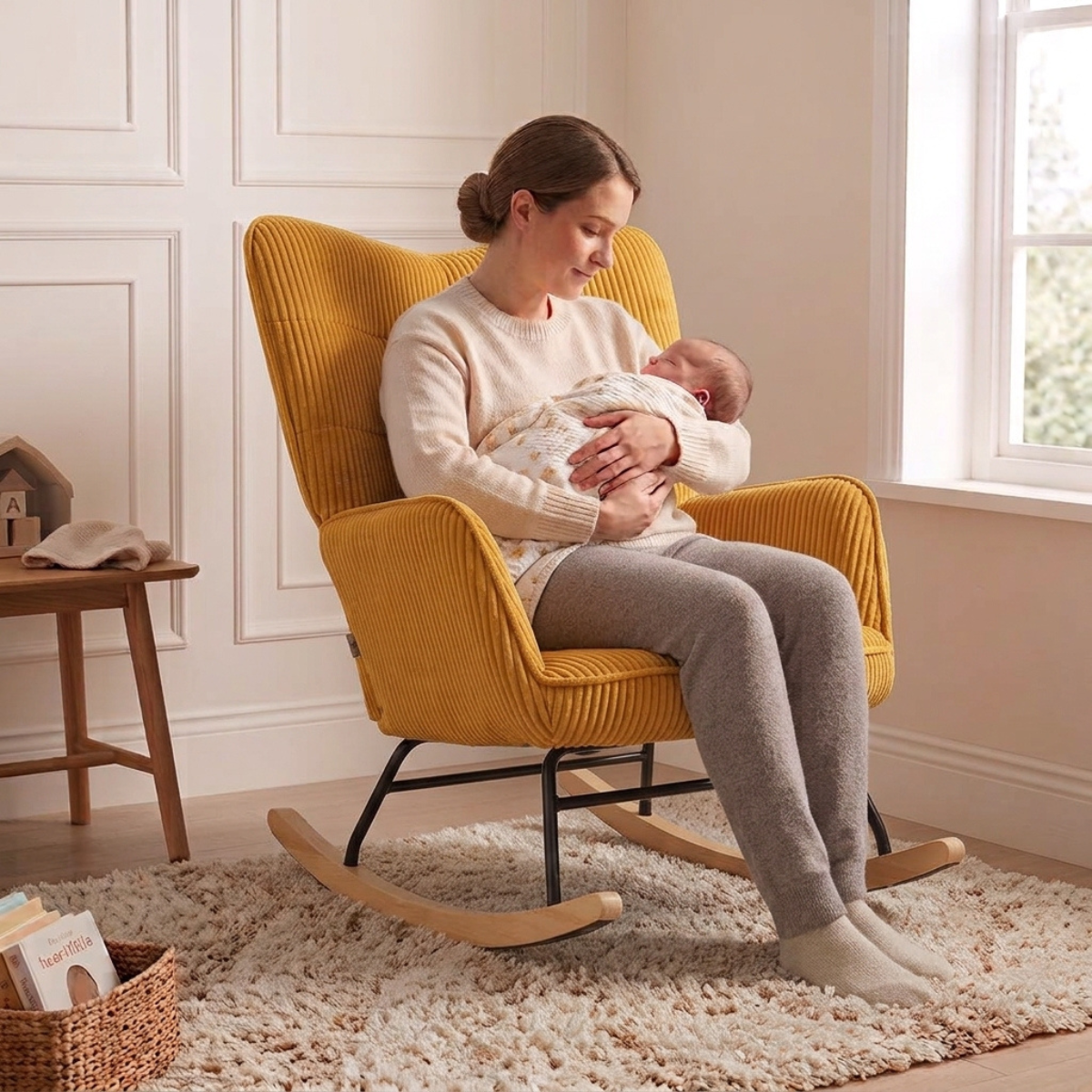 A woman sits in a mustard yellow ribbed fabric rocking chair, holding a baby wrapped in a white blanket. The scene is set in a bright, neutral-toned nursery with white paneled walls, a window, a wooden side table, and a textured cream rug.