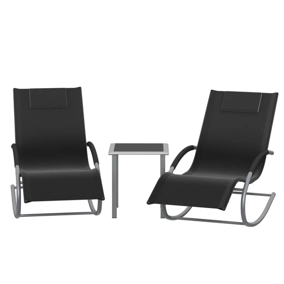 Two black lounge chairs with a small table on a white background