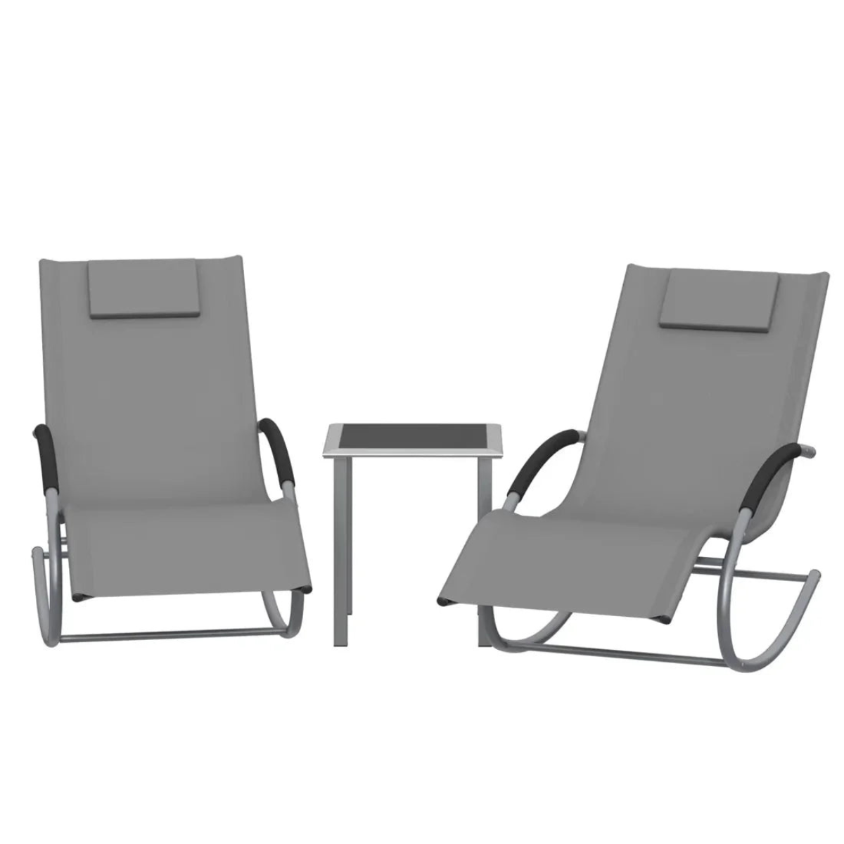 Two gray lounge chairs with a small table on a white background