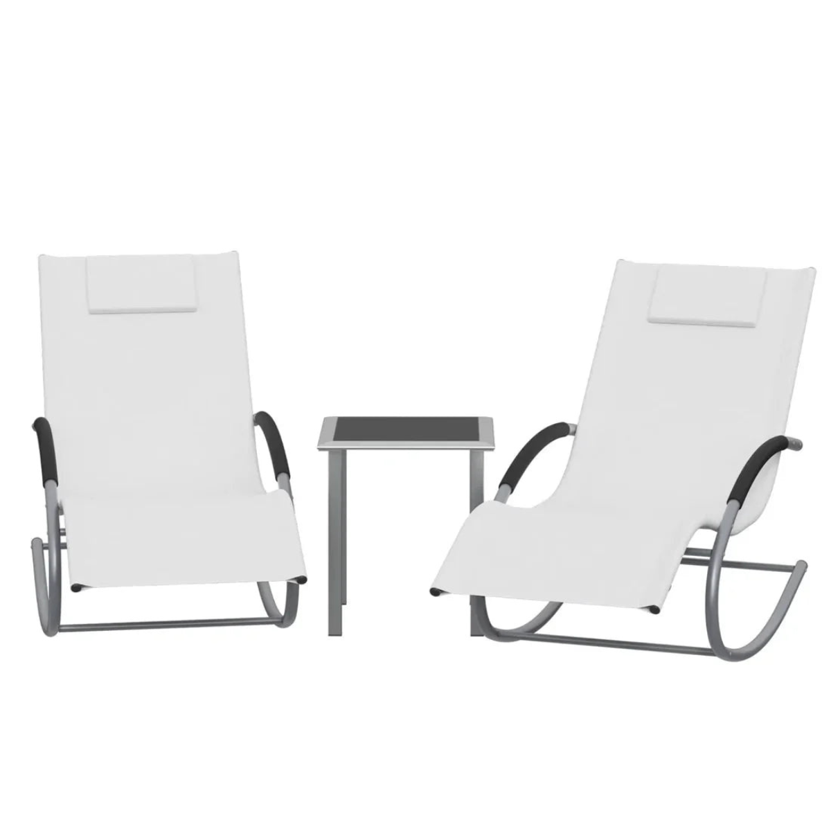 Two white lounge chairs with a small table on a white background