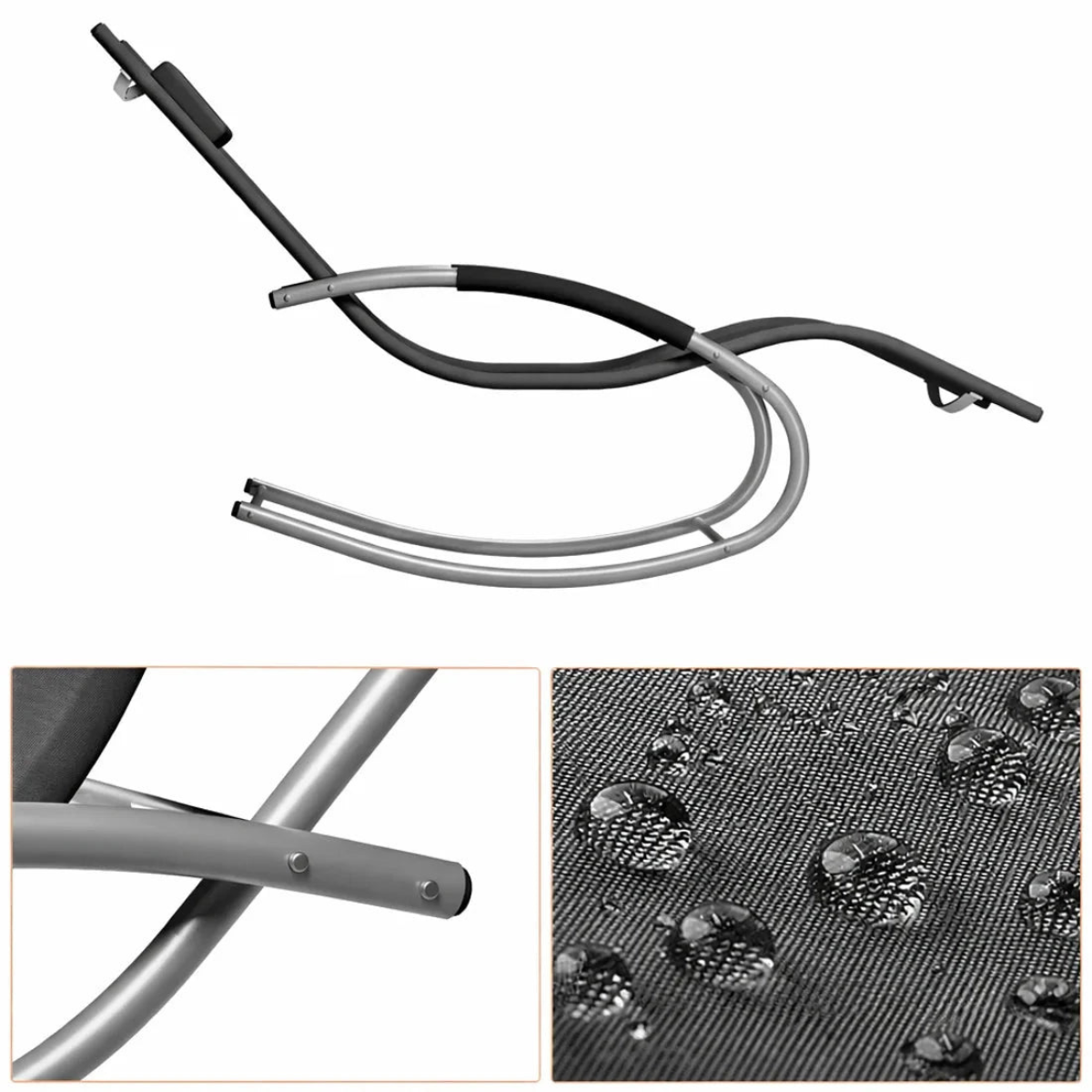 Metallic chair frame with a close-up of a water droplet on a textured surface.