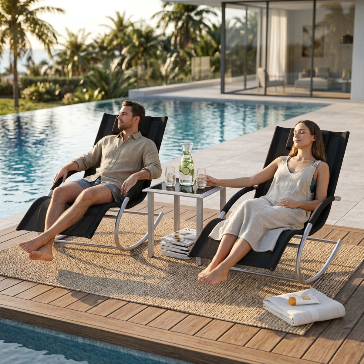 A man and a woman relax in black outdoor lounge chairs on a wooden pool deck beside a swimming pool, with palm trees and a modern house in the background. A small side table between them holds drinks and folded towels.