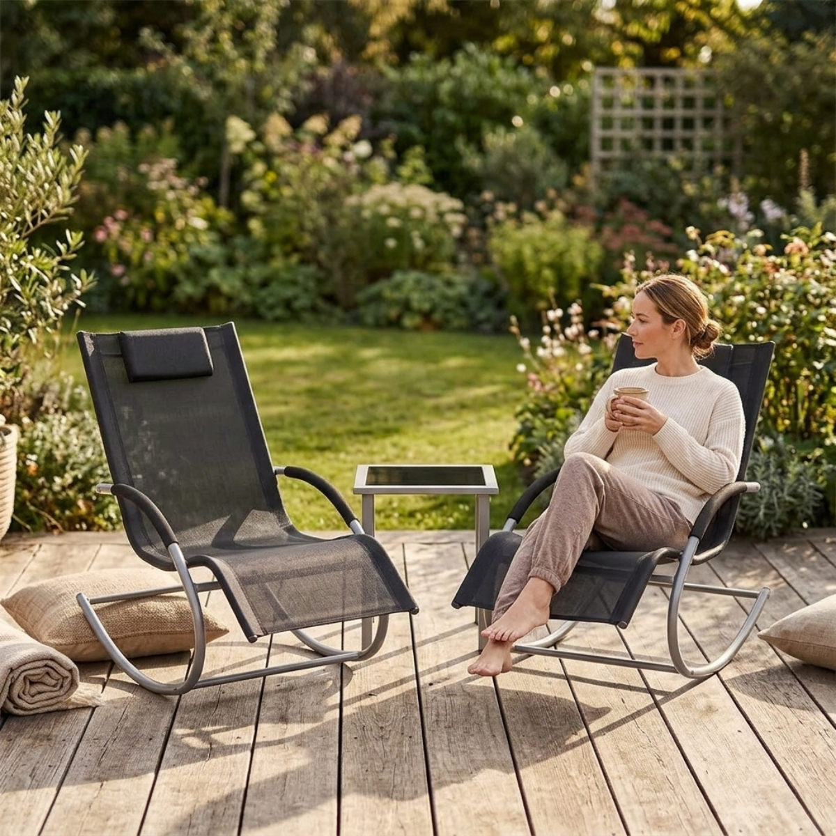 A woman sits in a black mesh outdoor lounge chair on a wooden deck, holding a cup. Another matching lounge chair is empty beside it, with a garden and patio setting in the background.