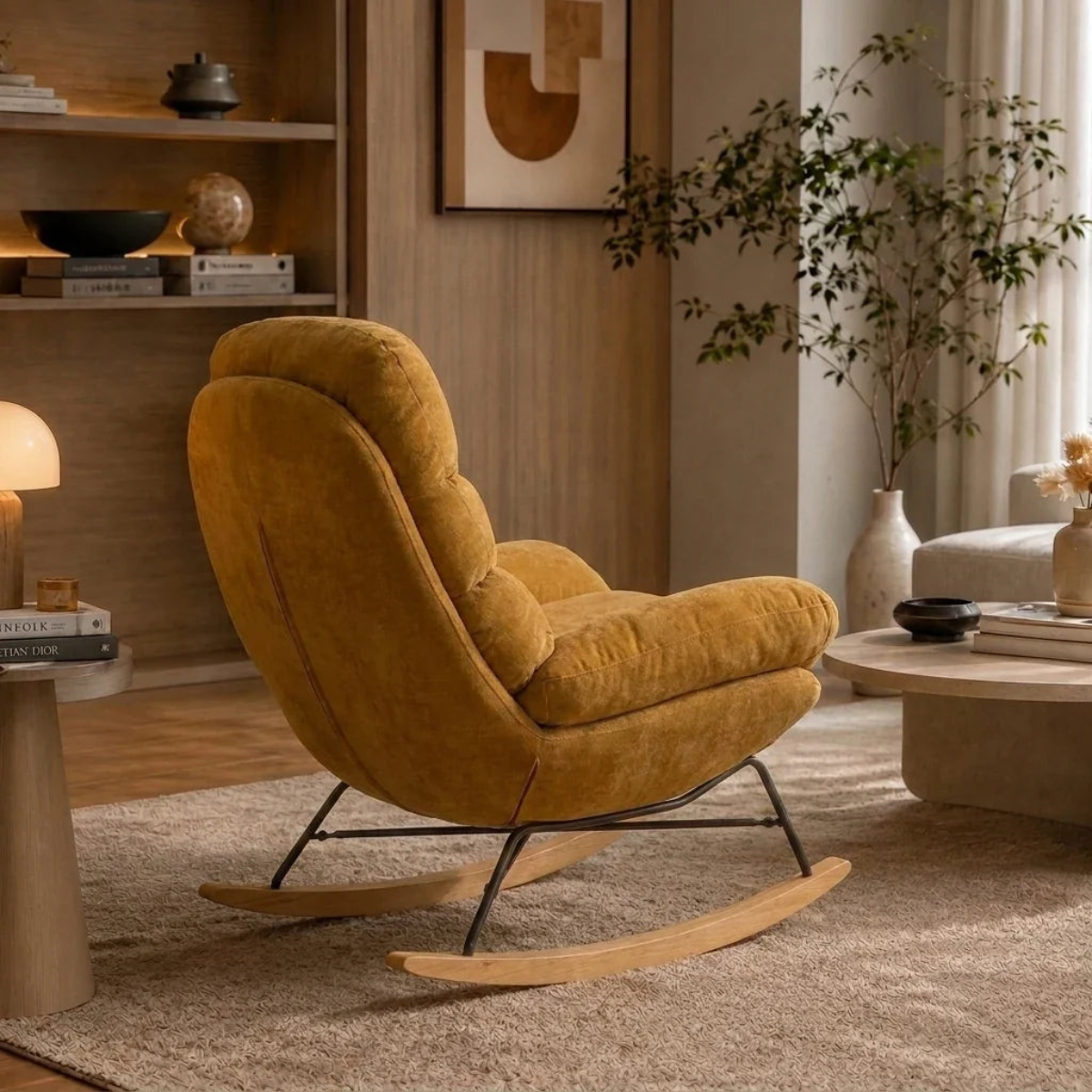 A mustard yellow velvet rocking chair with a black metal rocking base and natural wood rockers, styled in a warm, modern living room setting.