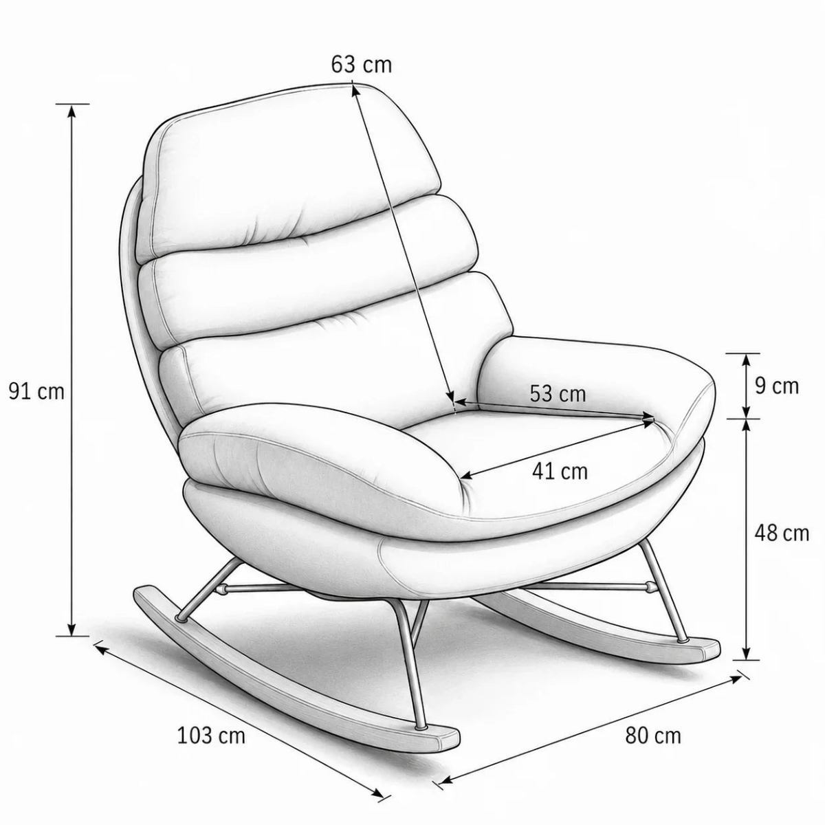 A white upholstered rocking chair shown with dimension arrows and measurements for height, width, and base length on a light gray background.
