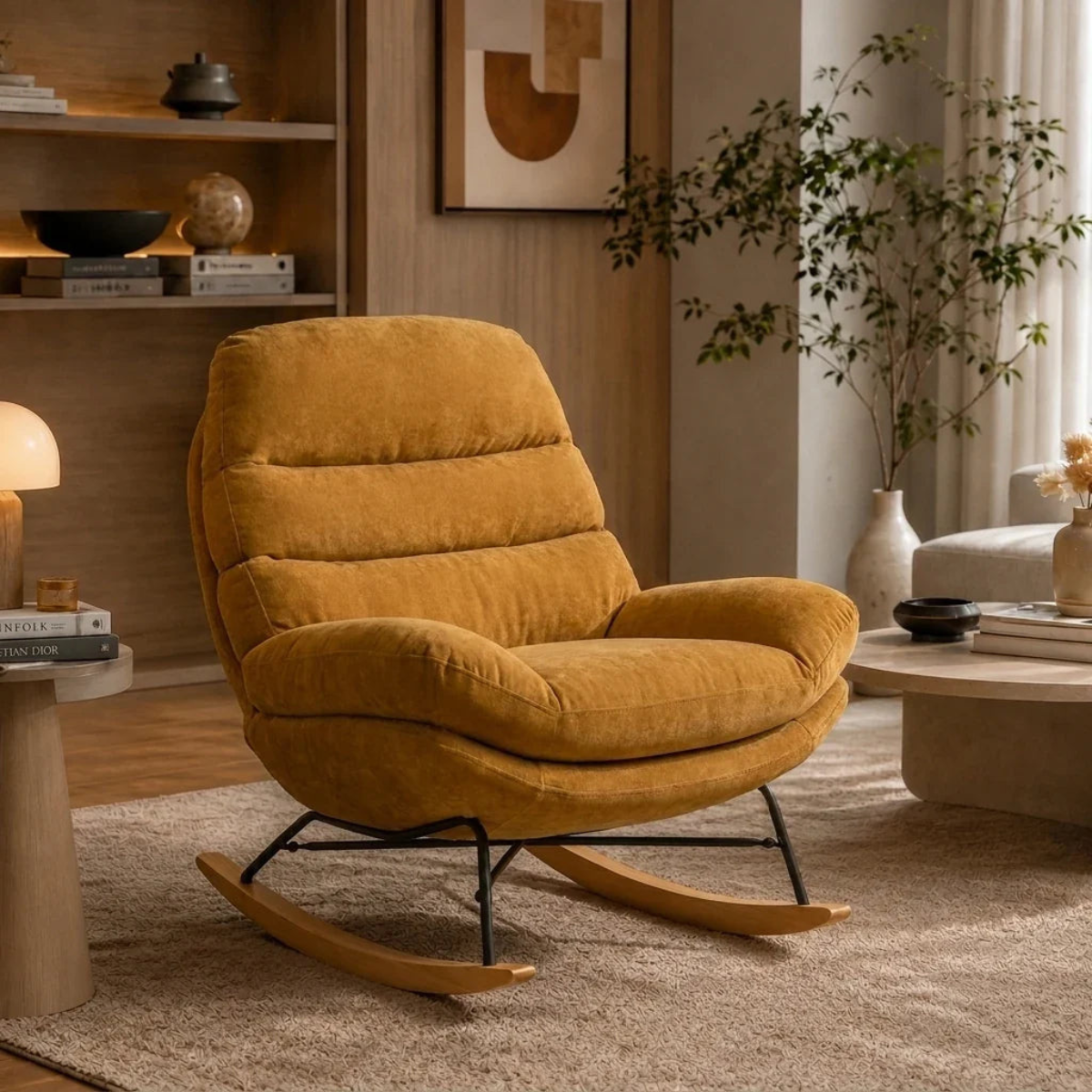 A mustard yellow velvet rocking chair with a black metal frame and wooden rockers, placed in a cozy, modern living room setting.