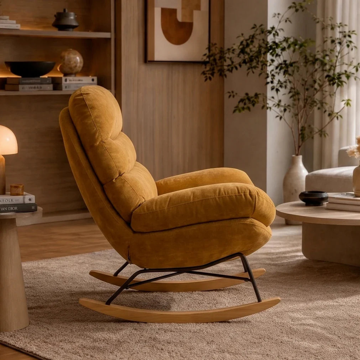 A mustard yellow velvet rocking chair with a black metal rocking base, styled in a warm, modern living room setting.