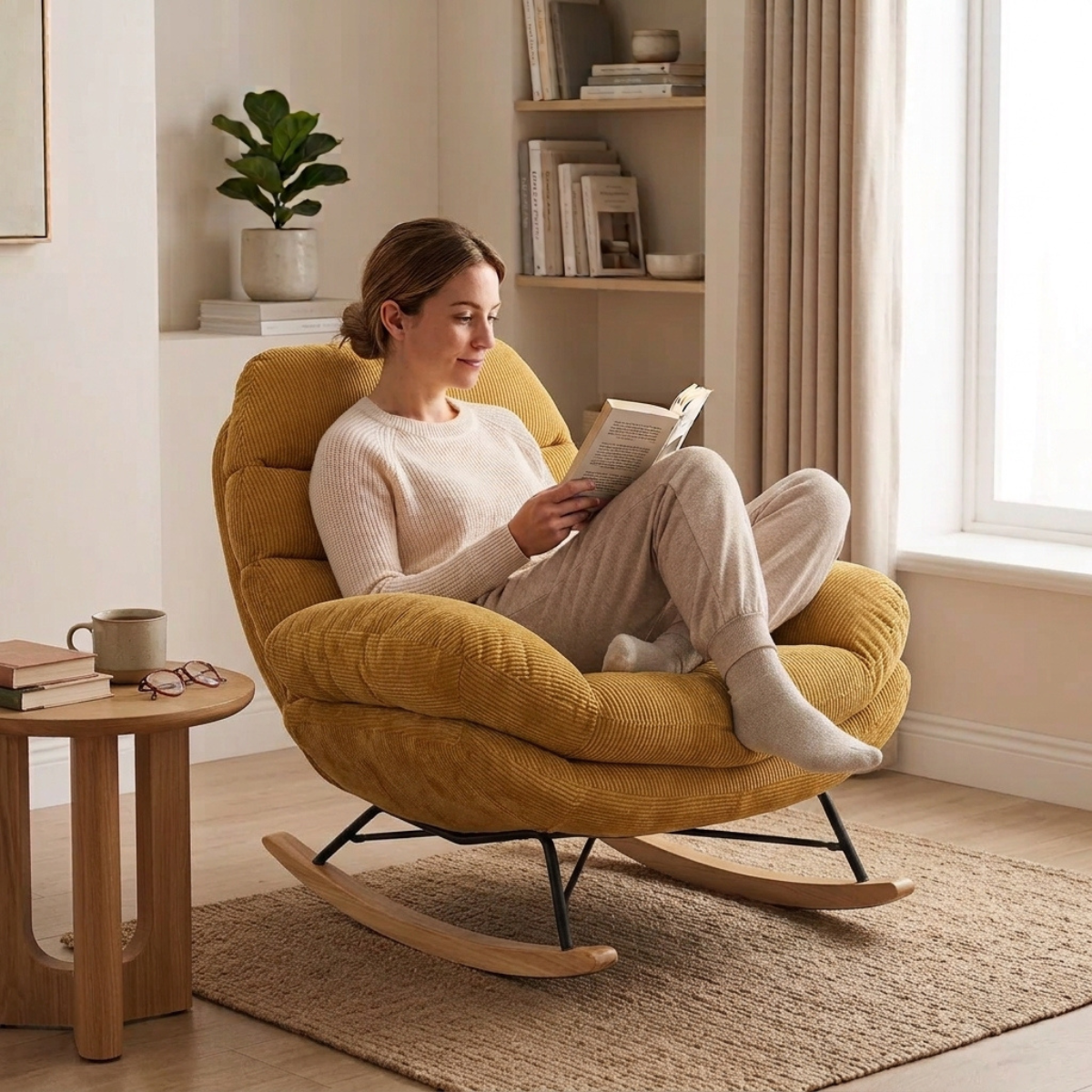 A woman sits in a mustard yellow corduroy rocking chair reading a book in a bright, neutral-toned living room. The chair has black metal rocking legs and a natural wood base, placed on a woven rug beside a small wooden side table.