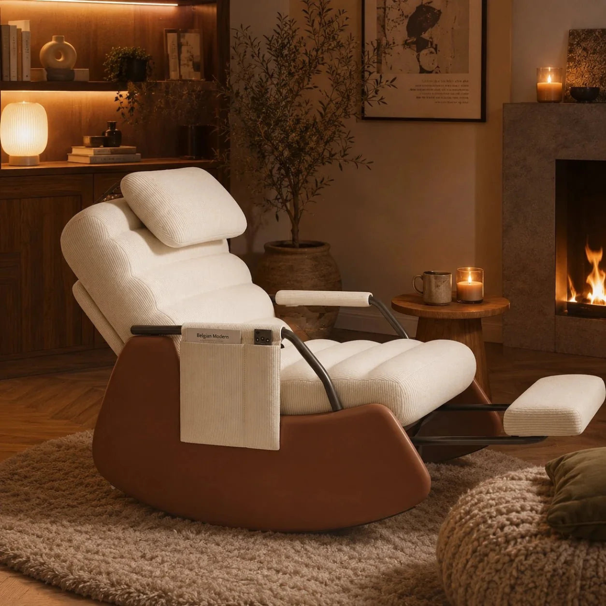 Modern recliner chair in a cozy living room with a fireplace.