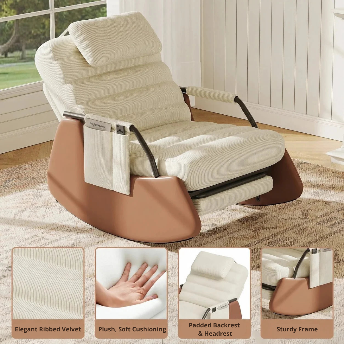Beige and brown recliner chair with armrest and cup holder in a home setting.