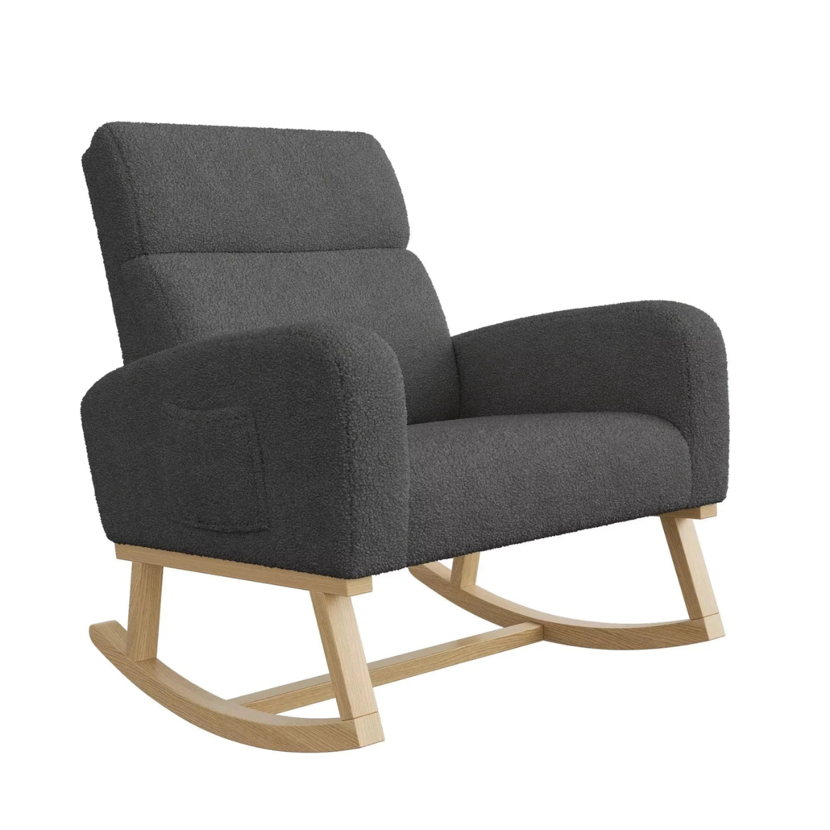 Gray upholstered rocking chair with wooden legs on a white background