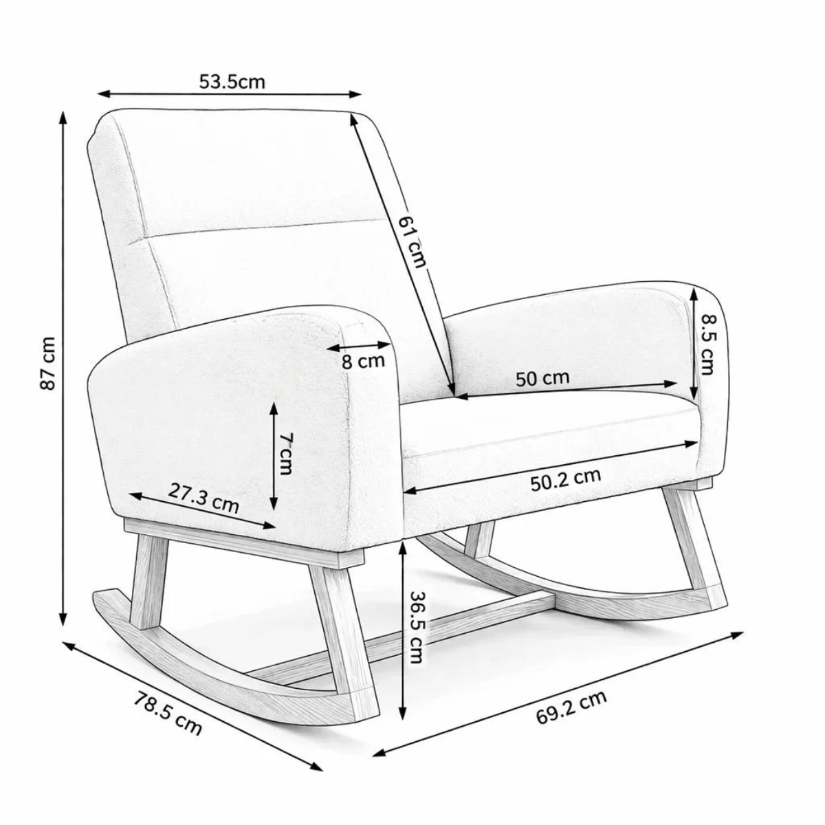 A white upholstered rocking chair shown with dimension callouts and arrows indicating measurements such as height, width, and base width on a plain white background.