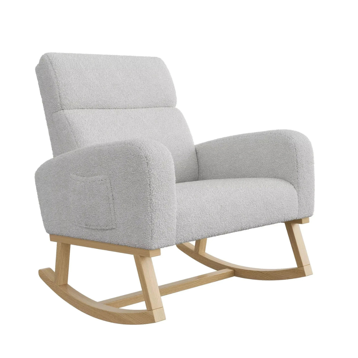 Gray upholstered rocking chair with wooden legs on a white background