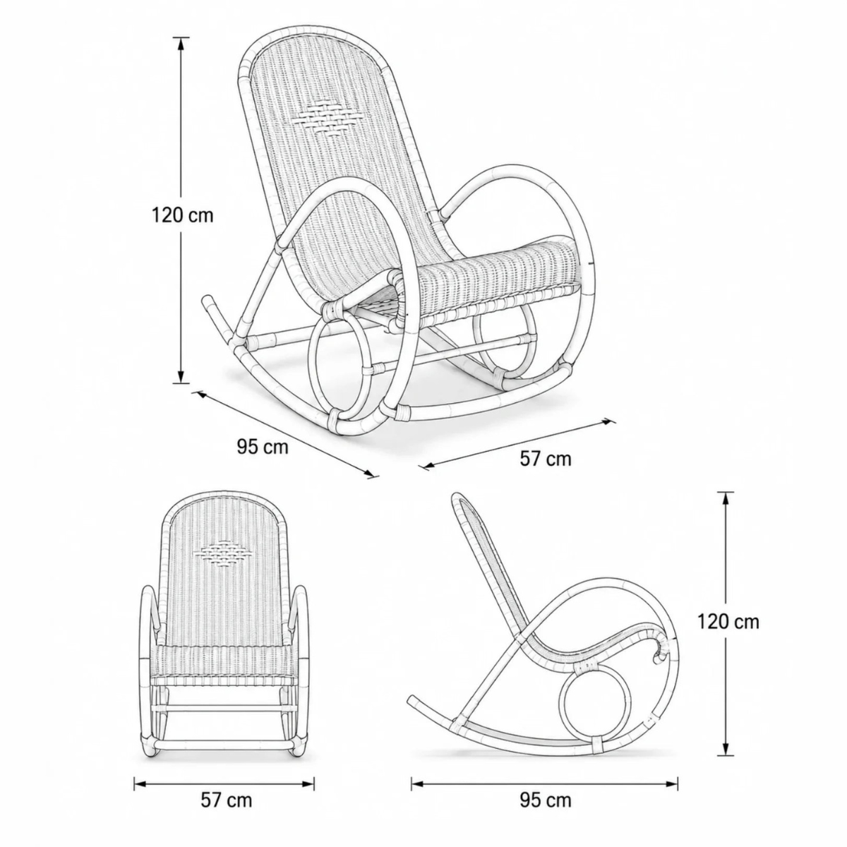 Technical line drawing of a rocking chair with dimension labels showing height and width measurements in centimeters on a white background.