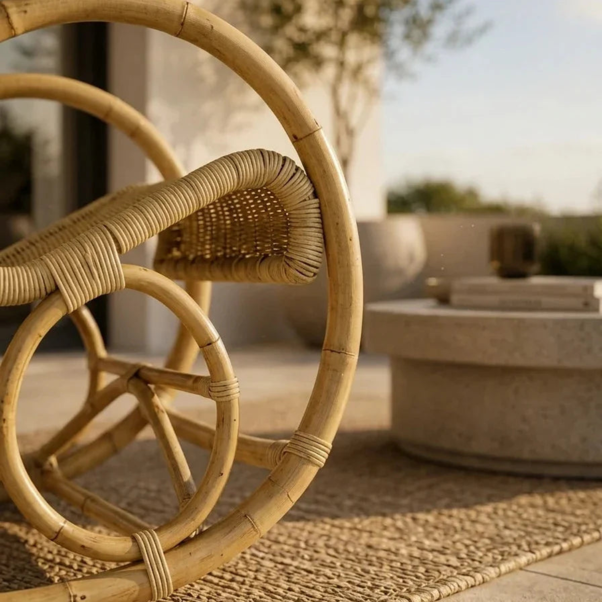 A close-up of a natural bamboo and rattan chair in a warm, sunlit outdoor patio setting.