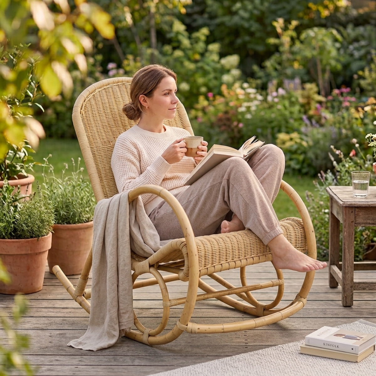 A woman sits barefoot in a woven rattan rocking chair on a wooden deck, reading a book and holding a mug. The chair is styled with a draped throw blanket, with a small side table and a lush garden background.