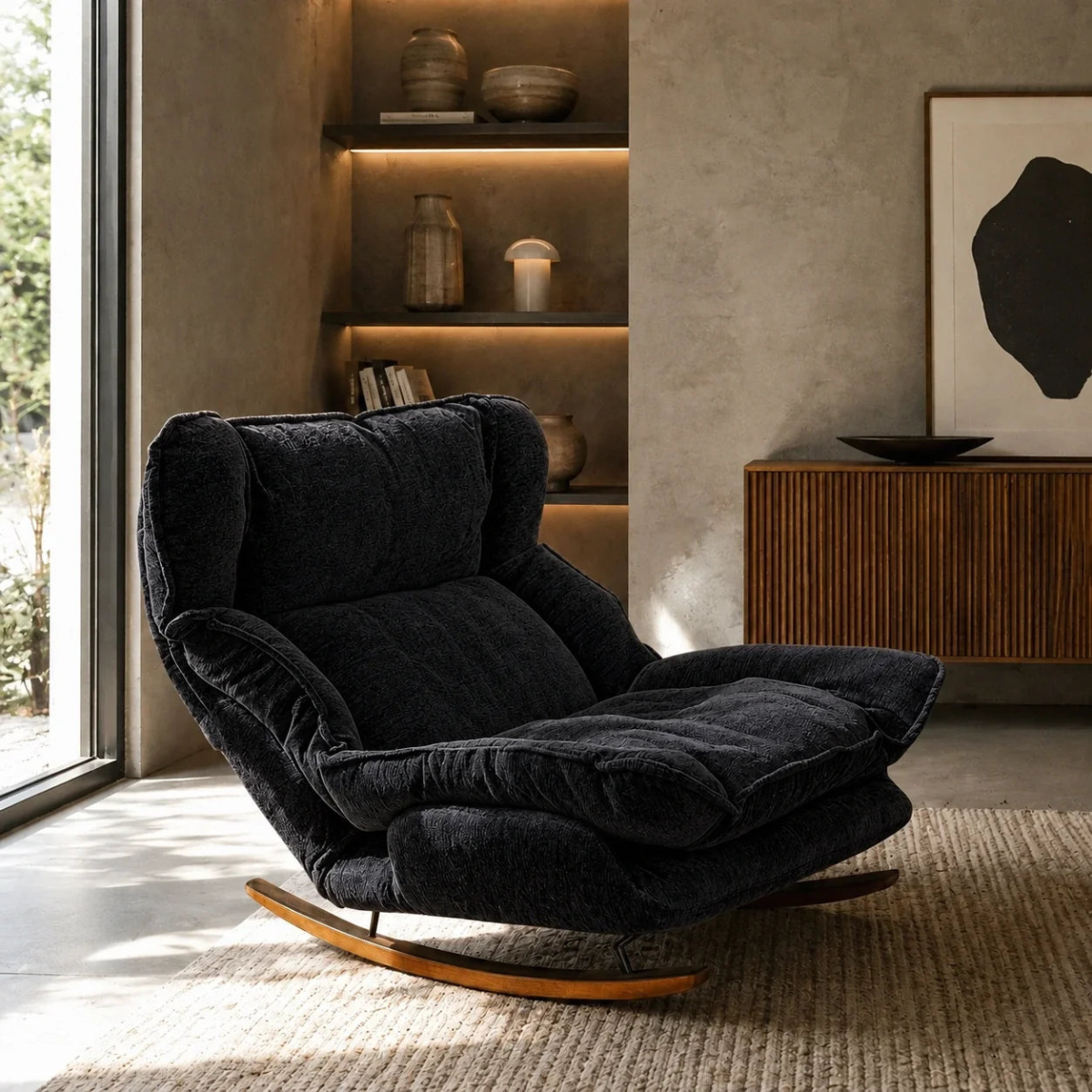 Dark gray armchair in a modern living room with shelves and a painting.