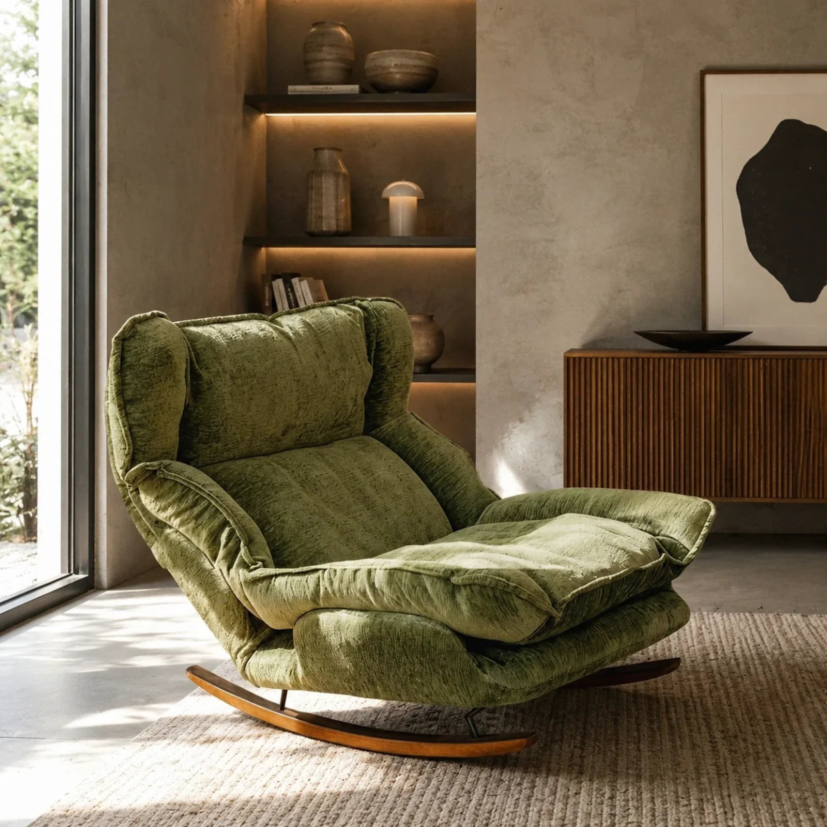 Green armchair in a modern living room with shelves and a painting.
