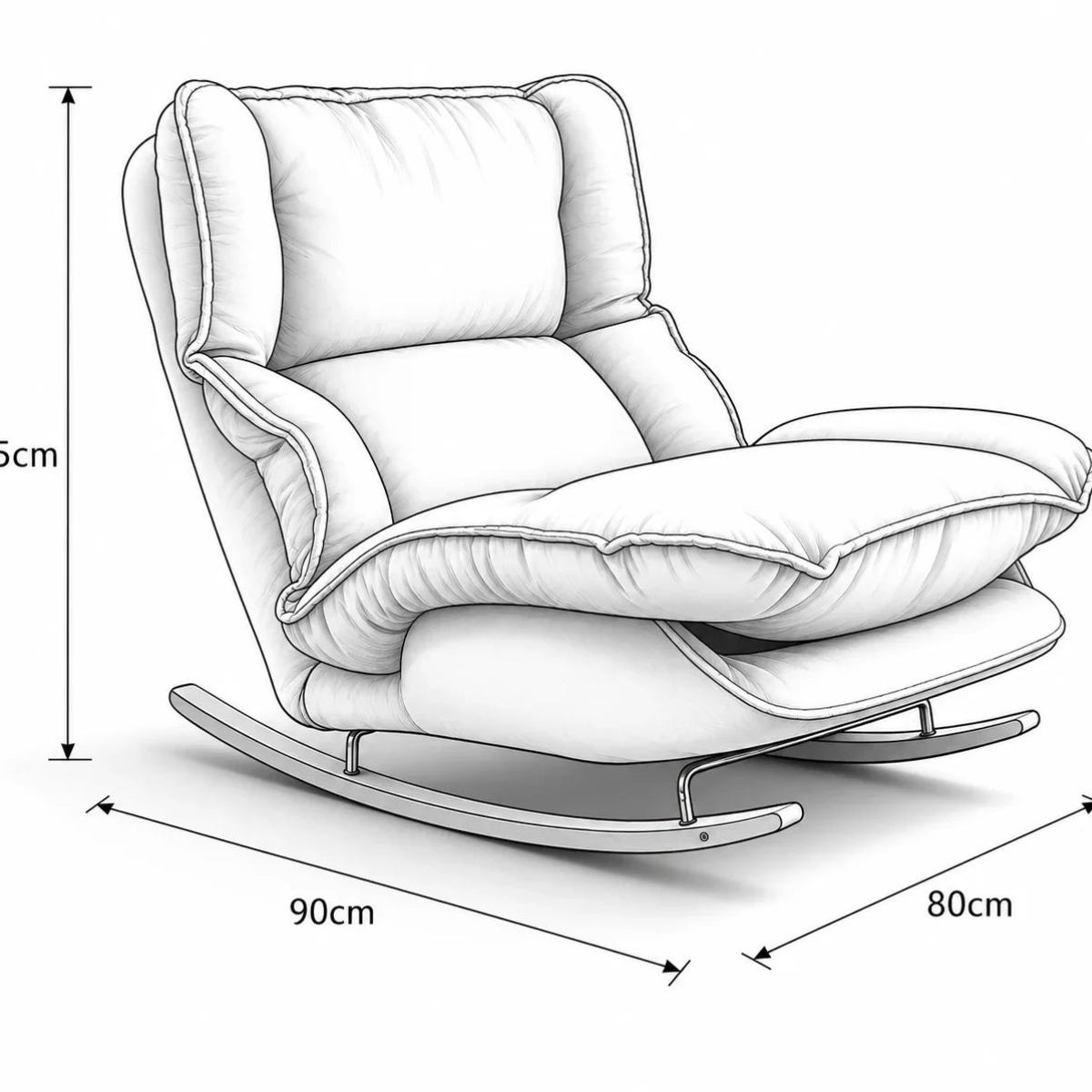 White cushioned rocking chair shown as a line drawing with dimension labels indicating 56 cm height, 90 cm width, and 80 cm base width.