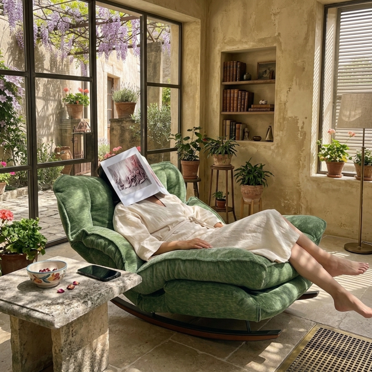 A person reclining in a green upholstered rocking chair inside a sunlit rustic room, holding a magazine. The scene includes stone walls, potted plants, built-in shelves, and large windows with outdoor wisteria visible.