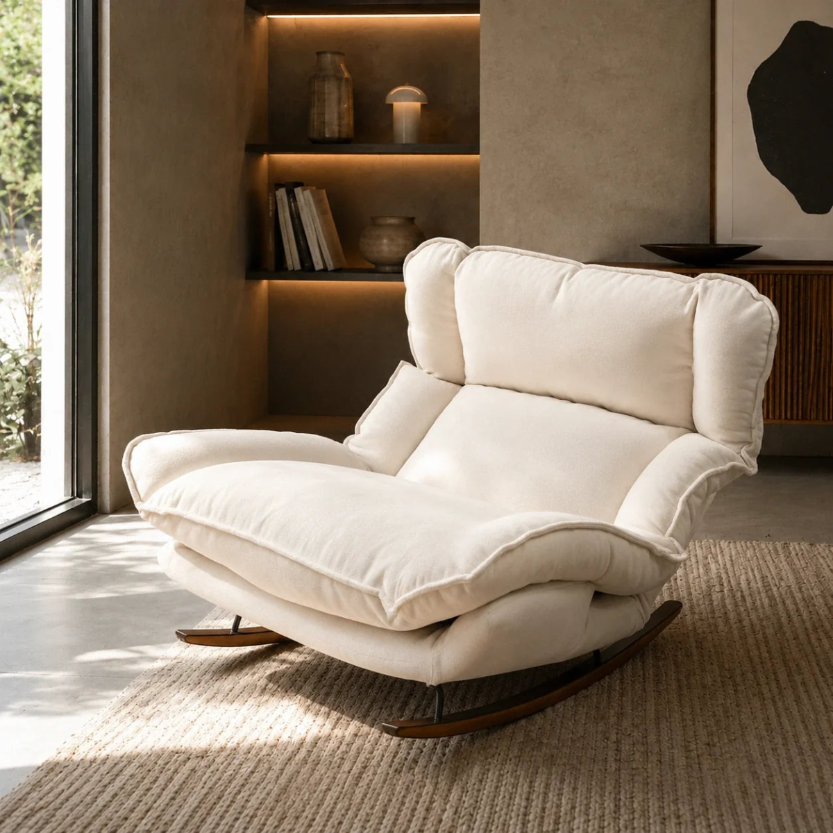 White recliner chair in a modern living room with a shelf and window in the background.