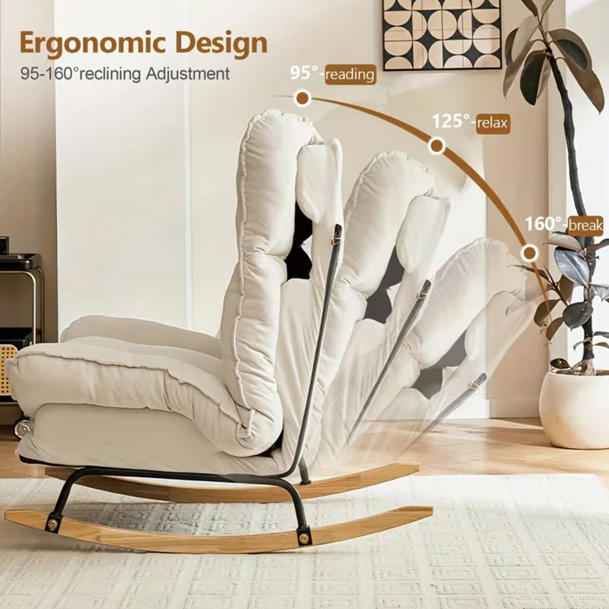 Ergonomic rocking chair with reclining adjustment angles in a home setting