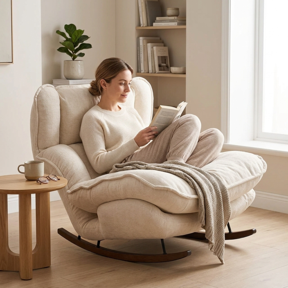 A woman relaxes in a cream upholstered rocking chair, reading a book in a bright, neutral-toned living room. A small wooden side table with a mug sits beside the chair, and a bookshelf is visible in the background.