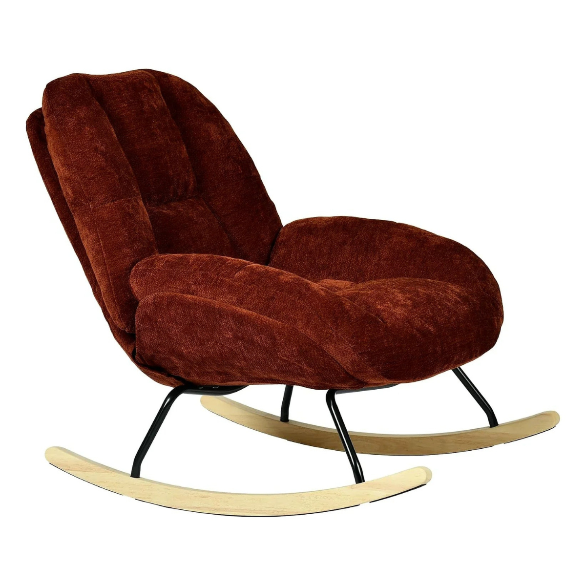 A modern velvet armchair with a rounded, cloud-like silhouette upholstered in a rich dark brown fabric, supported by a black metal frame and light natural wood rocking bases, shown against a plain white background.