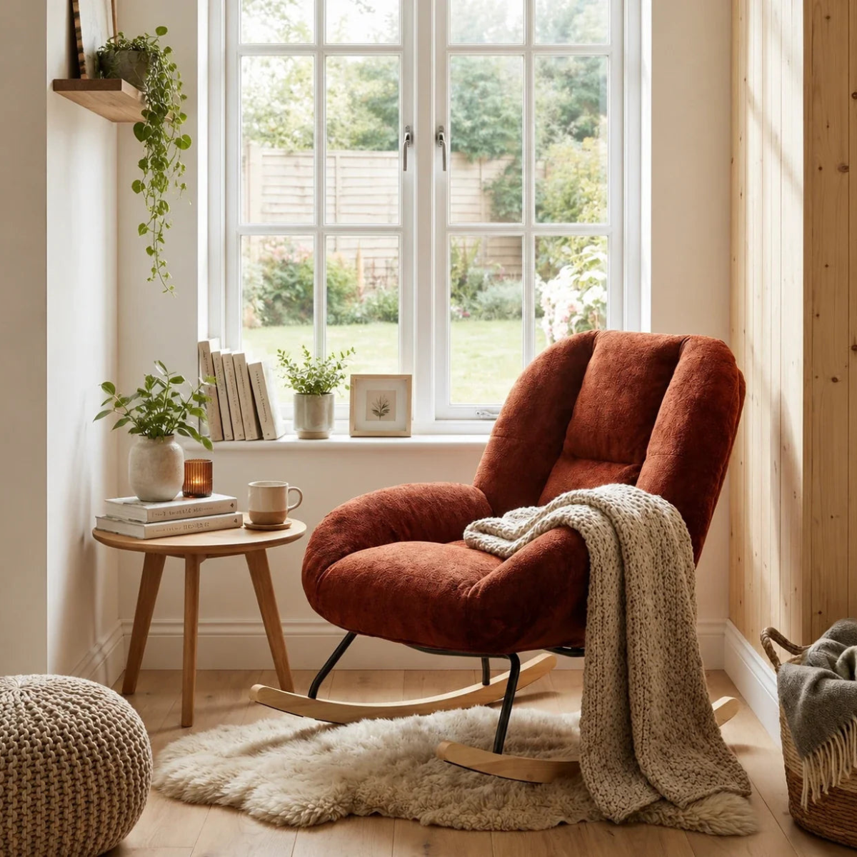 A rust-orange velvet rocking chair in a bright, sunlit room with a wooden side table, potted plants, a window view, and a knitted throw blanket draped over the chair.