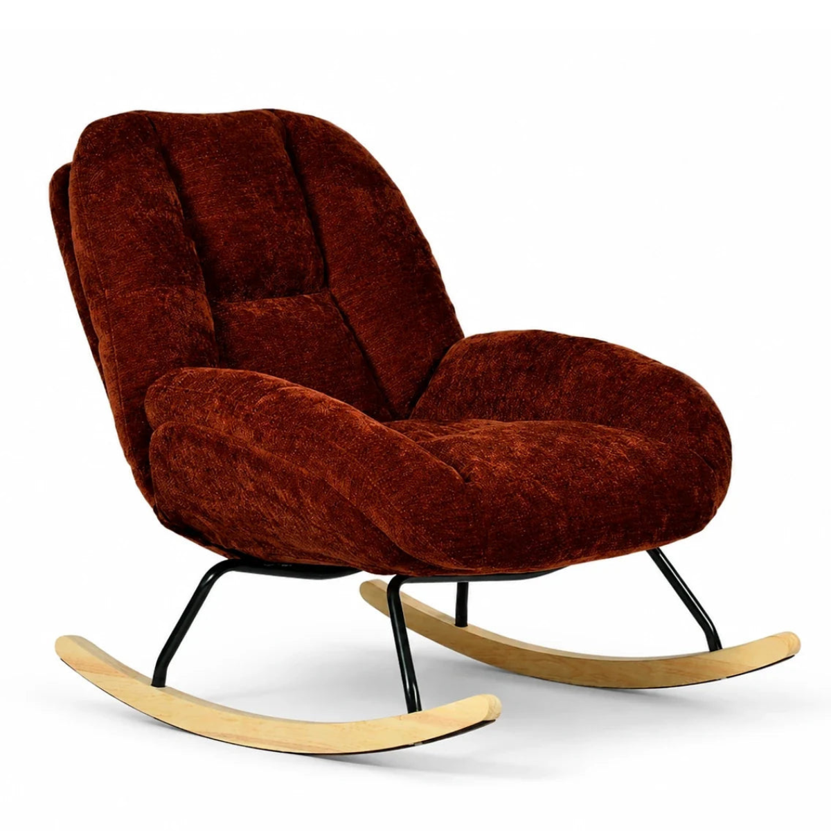 A plush, deep reddish-brown velvet rocking chair with a curved black metal frame and light natural wood rockers, shown against a plain white background.