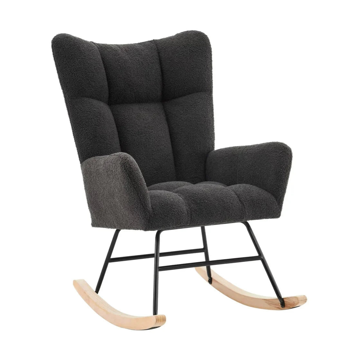 Gray rocking chair with black metal frame and wooden rocking base on a white background