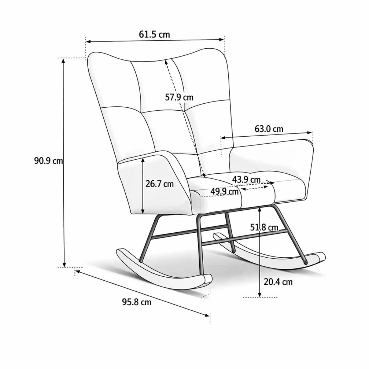 Measurement chart of a rocking chair with dimensions labeled