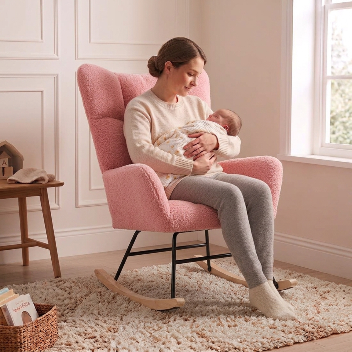 A woman in a cream sweater and gray leggings sits in a pink textured fabric rocking chair, holding a baby wrapped in a white blanket. The scene is set in a bright, modern room with a window, a wooden side table, and a beige shag rug.