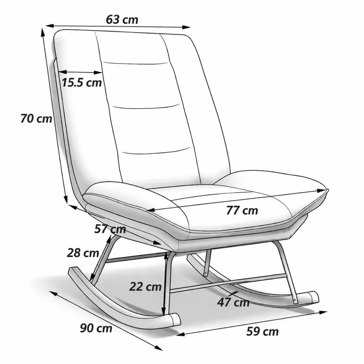 Measurement chart of a rocking chair with dimensions labeled.
