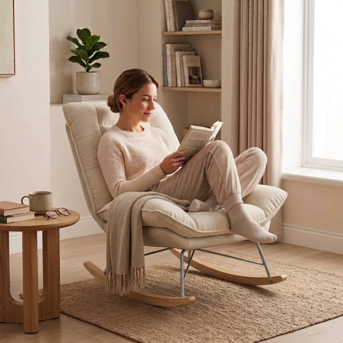 A woman sits in a cream upholstered rocking chair reading a book in a softly lit room. She wears matching cream knit sweater and pants, with a beige throw draped over the chair.