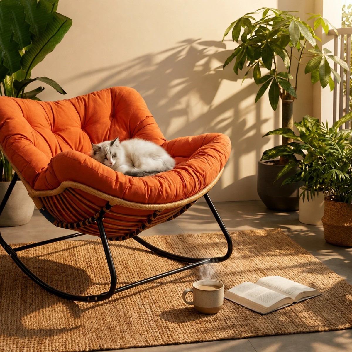 Orange cushioned rocking chair with a cat, plants, and a cup of coffee on a rug.