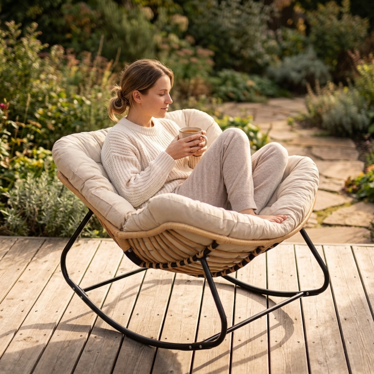 A woman relaxes in a cushioned wicker rocking chair on a wooden deck, holding a mug. The chair has cream cushions and a black metal frame, set against a blurred garden background.