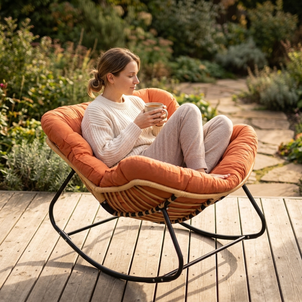 A woman relaxes in a cushioned outdoor rocking chair on a wooden deck, surrounded by green garden plants. The chair features a terracotta orange-pink cushion, a natural woven rattan seat, and a black metal rocking frame.
