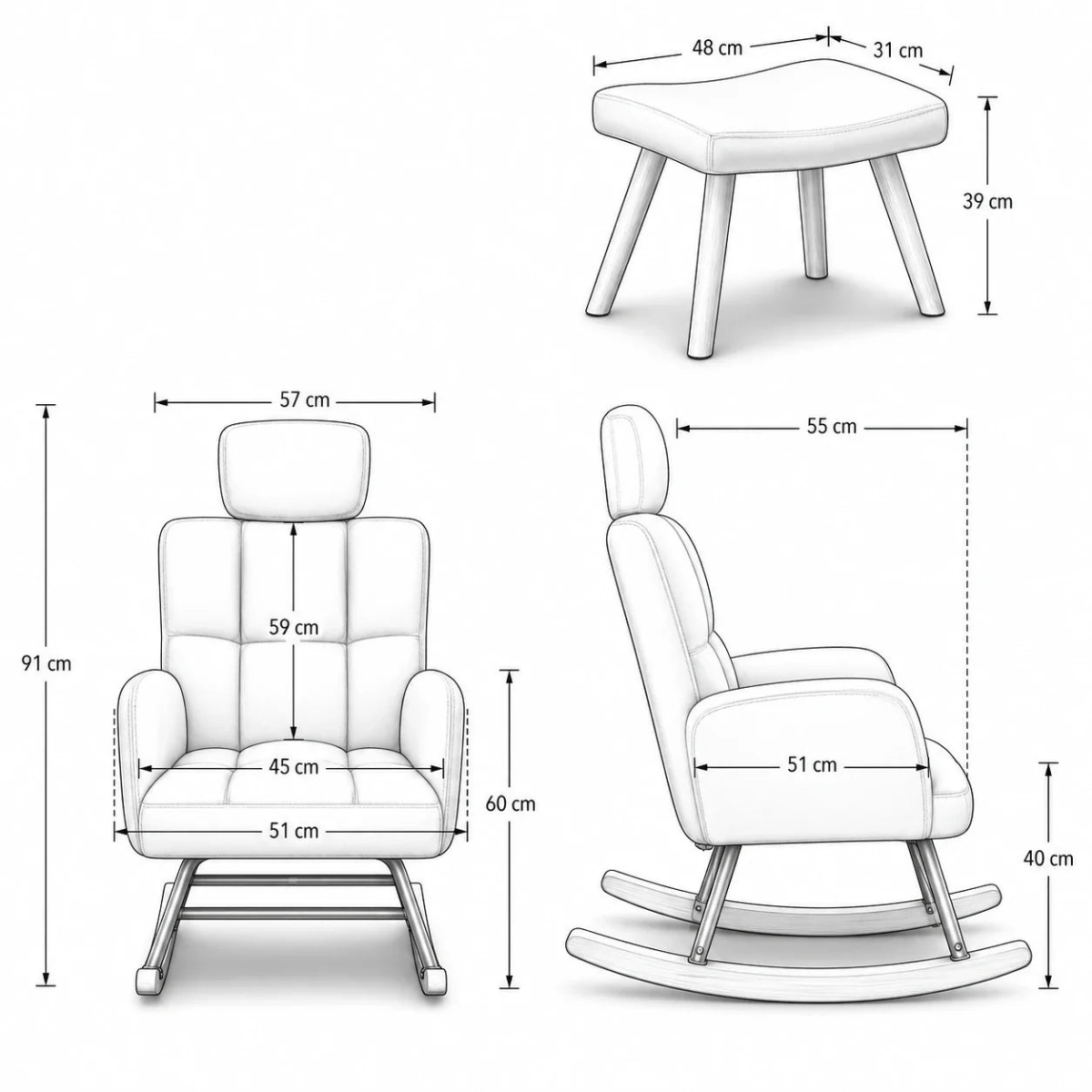 Dimensions of a white rocking chair, ottoman, and footstool on a white background