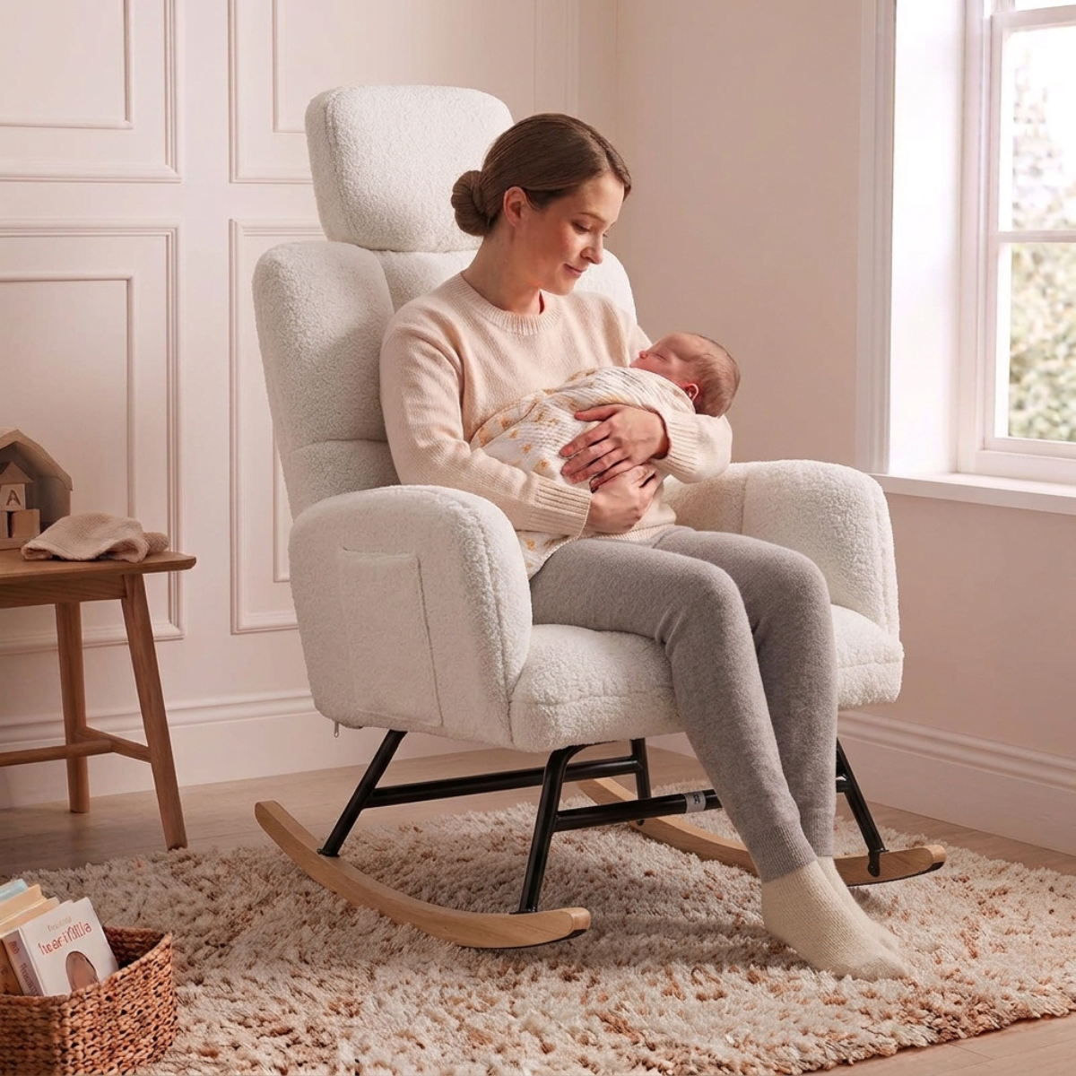 A woman in a cream sweater and gray leggings sits in a cream boucle rocking chair, holding a baby wrapped in a white blanket. The scene is set in a softly lit nursery with a window, wooden paneling, a small side table, and a shag rug.